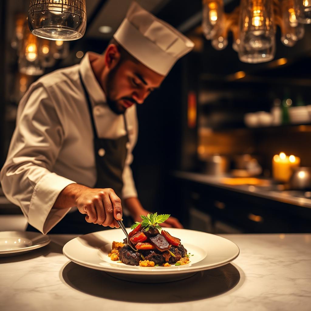 Executive chef plating gourmet dish