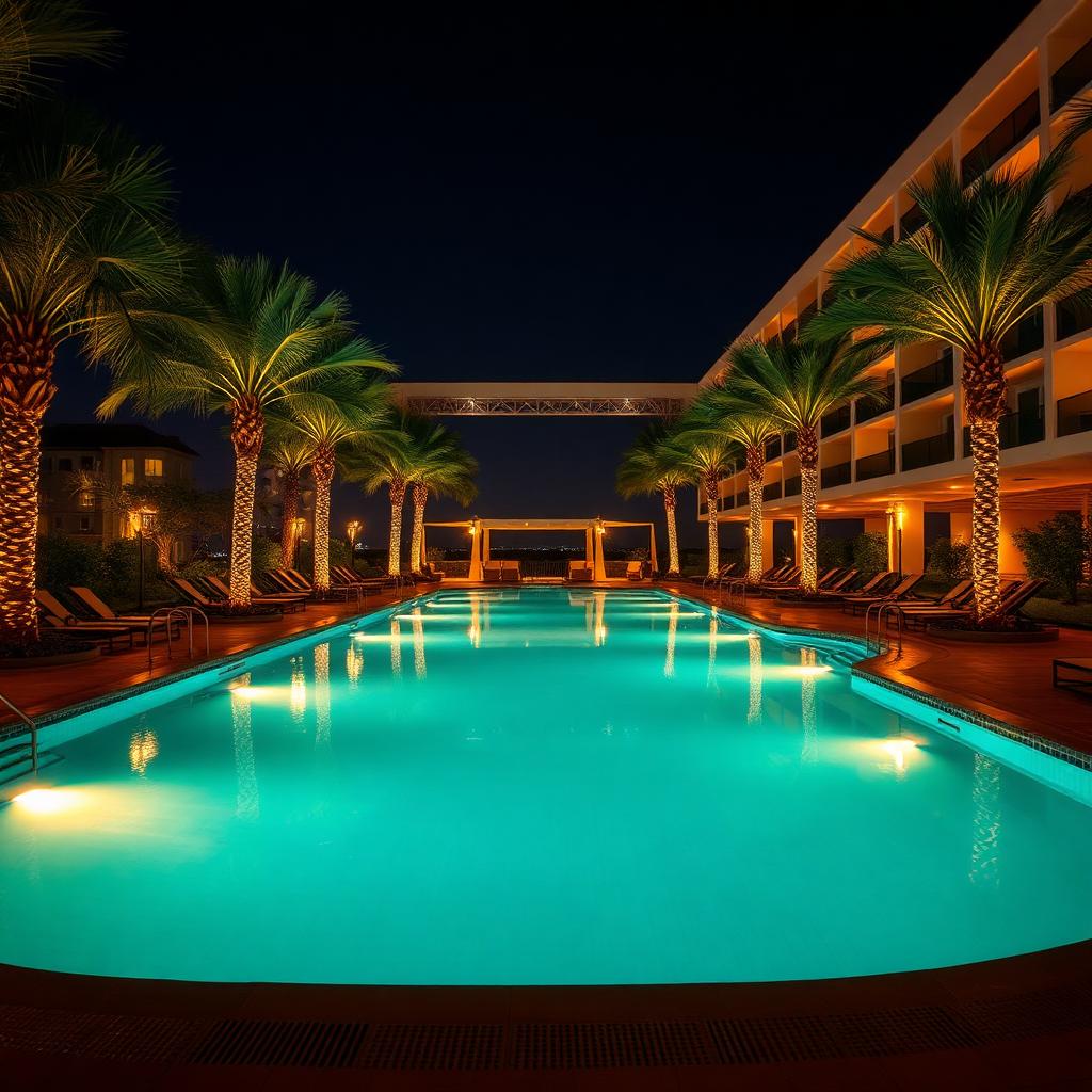 Illuminated swimming pool at night